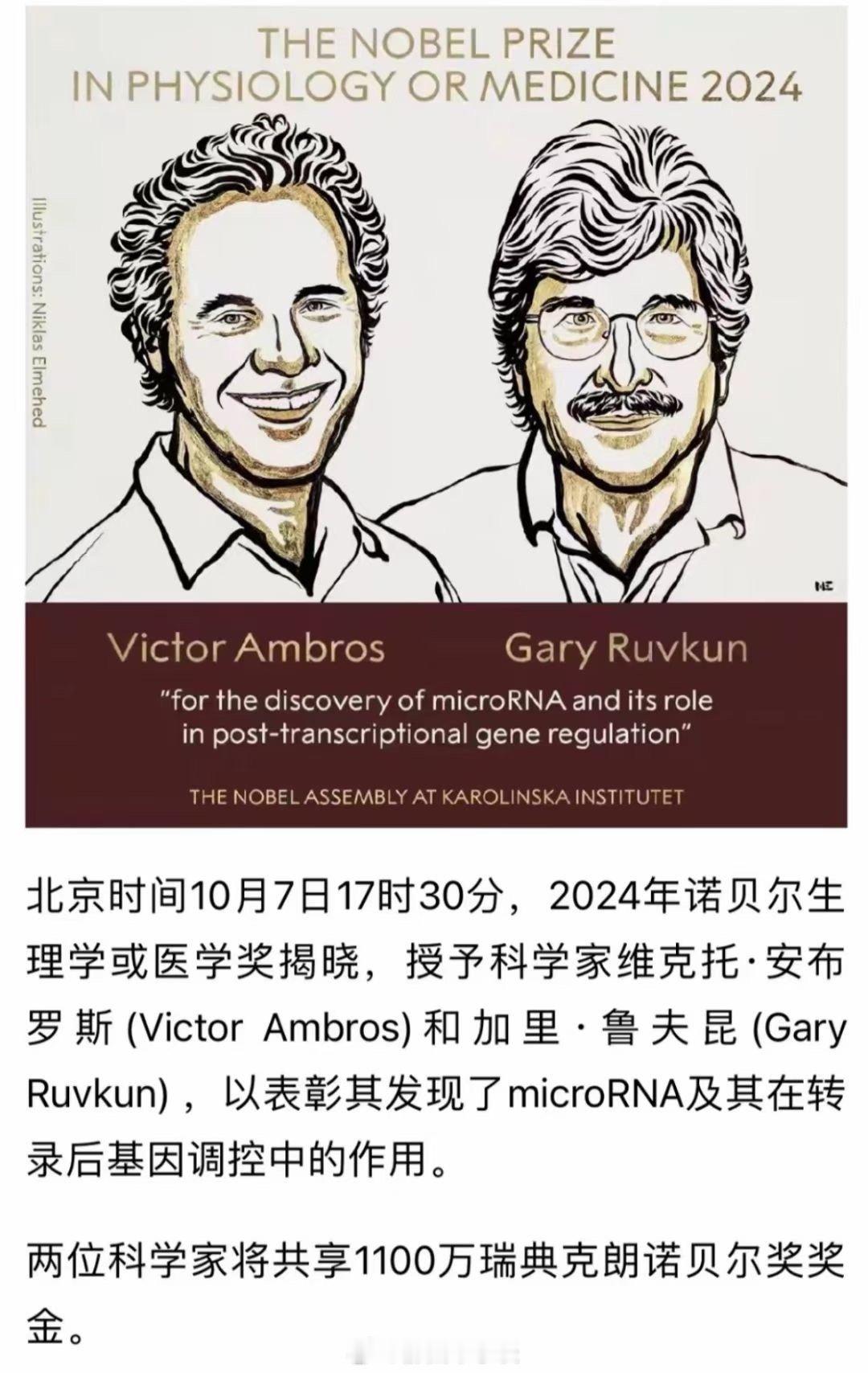 2024年，诺贝尔生理学或医学奖揭晓：#诺贝尔生理学或医学奖# ​​​
