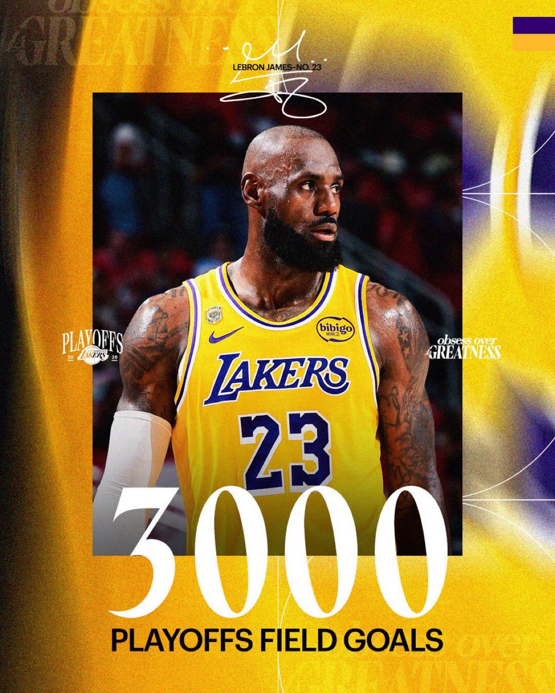 詹姆斯季后赛生涯进球数突破3000大关，历史首人。湖人vs火箭