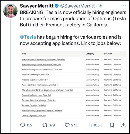 特斯拉开启工程师招聘，加速 Optimus 机器人量产进程

Sawyer Me