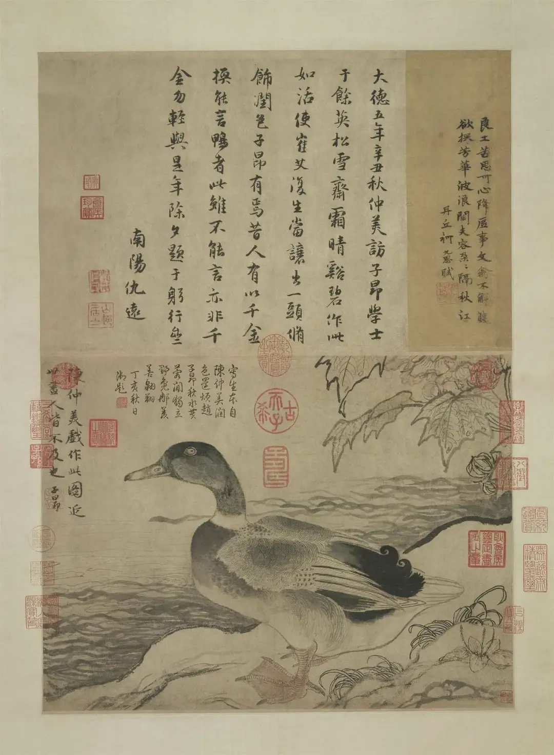 元 陈琳 花鸟画《溪凫图》。陈琳（公元1260—1320），字仲美，钱塘（今浙江