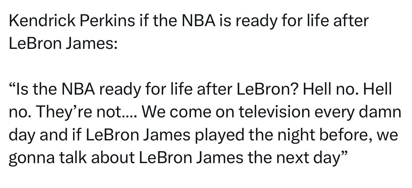 帕金斯谈NBA是否准备好迎接“后詹姆斯时代”：“NBA准备好迎接勒布朗退役后的日