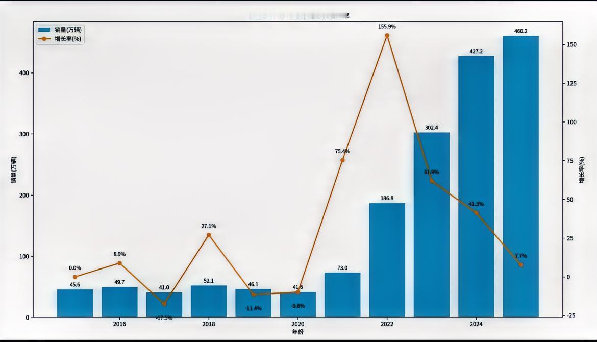 比亚迪近十年销量变化情况。 

从2022年开始，得益于刀片电池和DM-i超级混