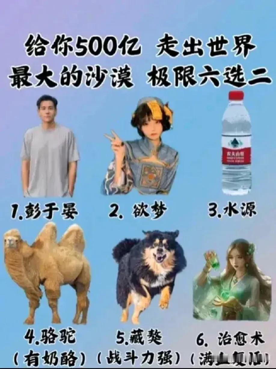 给你500亿，走出世界最大的沙漠。
极限六选二？
我选3和4。
在沙漠中，水是必
