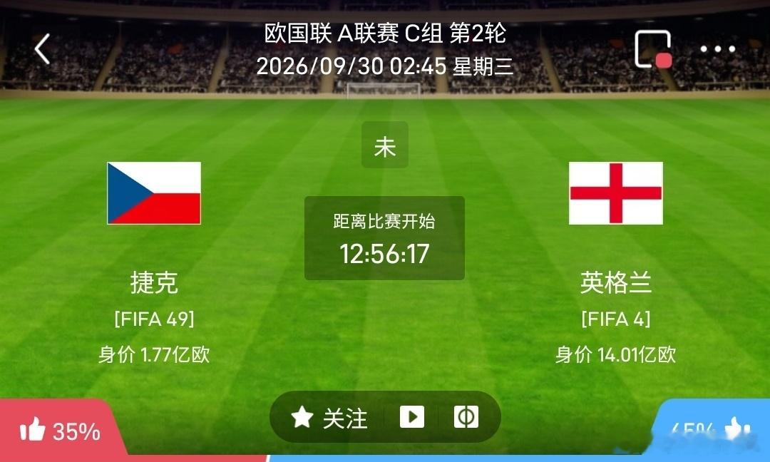 捷克 vs 英格兰1️⃣捷克（欧国联）利好：世界排名49，身价1.77亿欧，身体