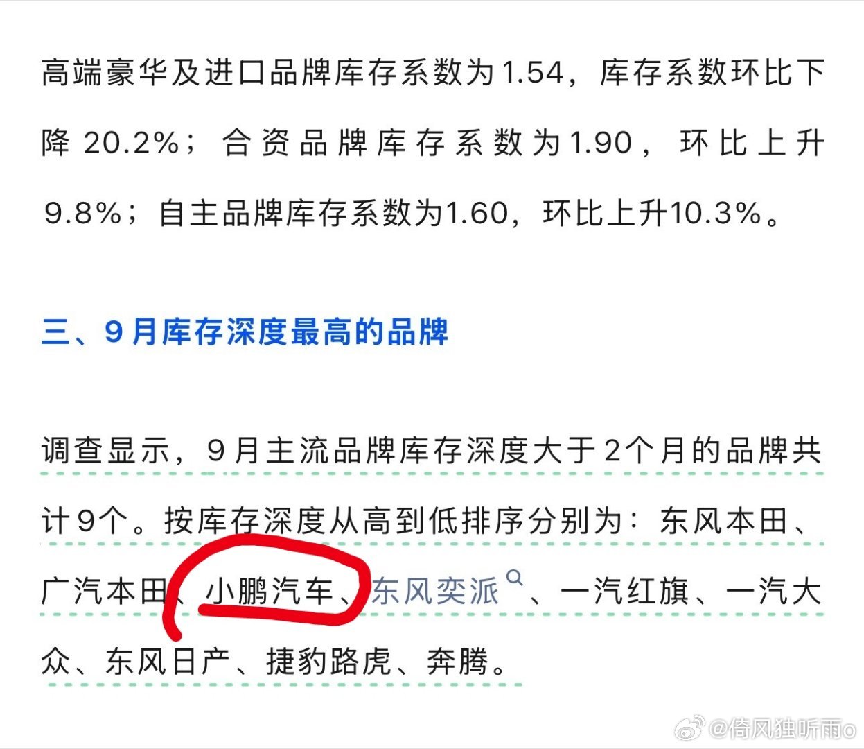 库存深度大于2个月的品牌，混入了一个新能源：小鹏汽车，而且居然排第三。小鹏汽车的