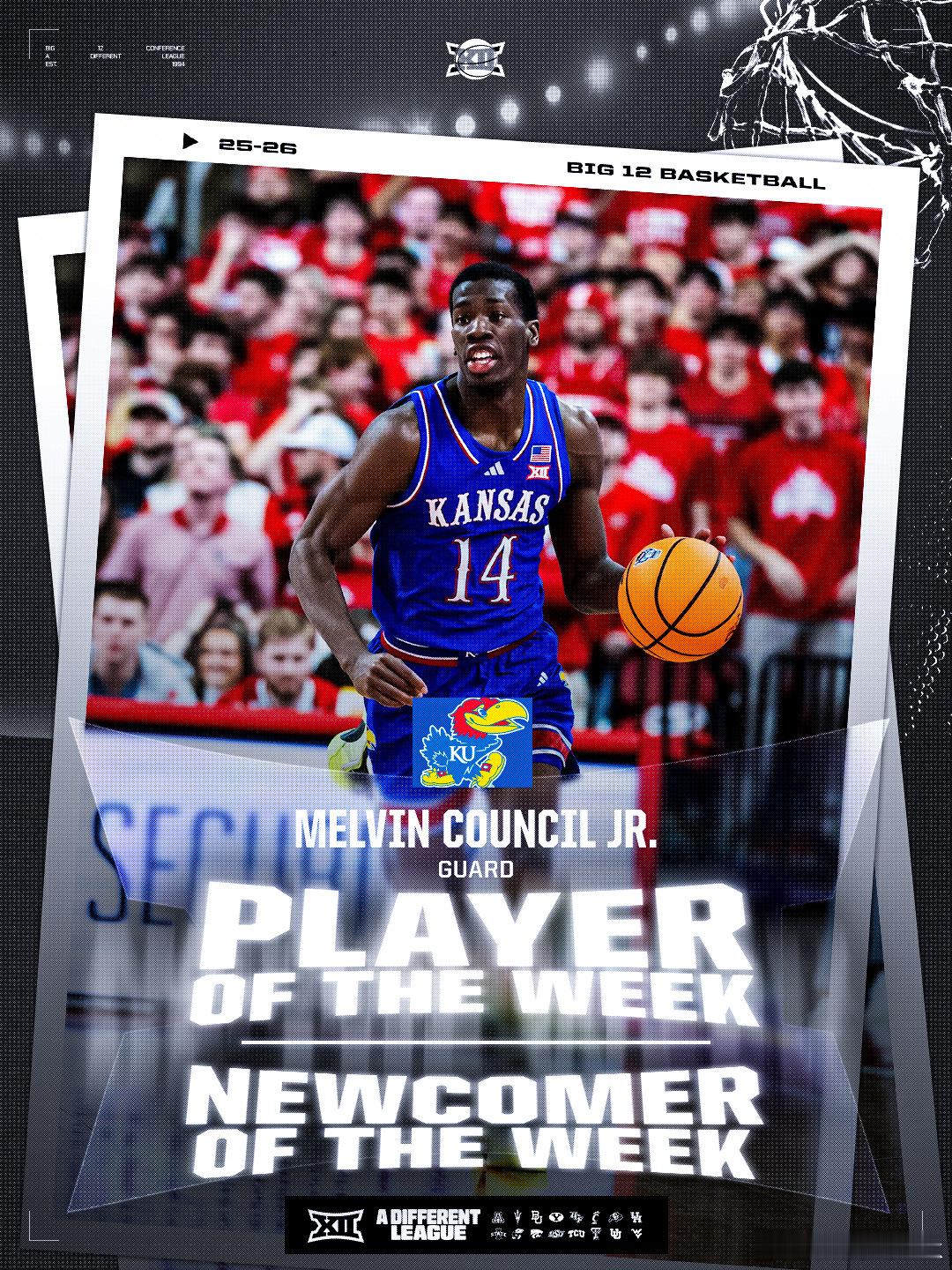 Big 12联盟第6周表现奖（2025-2026赛季）。 最佳球员+最佳新生：M