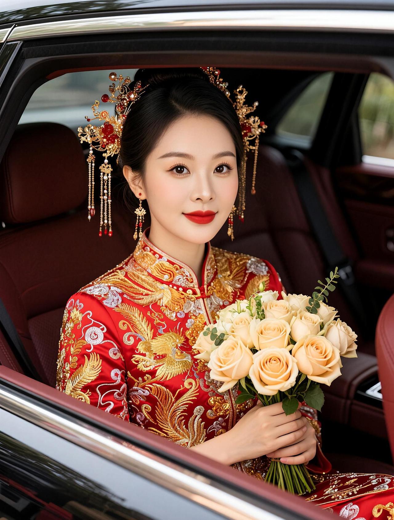 一袭红绣龙凤褂，头戴鎏金凤冠，手握温柔花束，坐在婚车里，奔赴属于我的岁岁年年。A