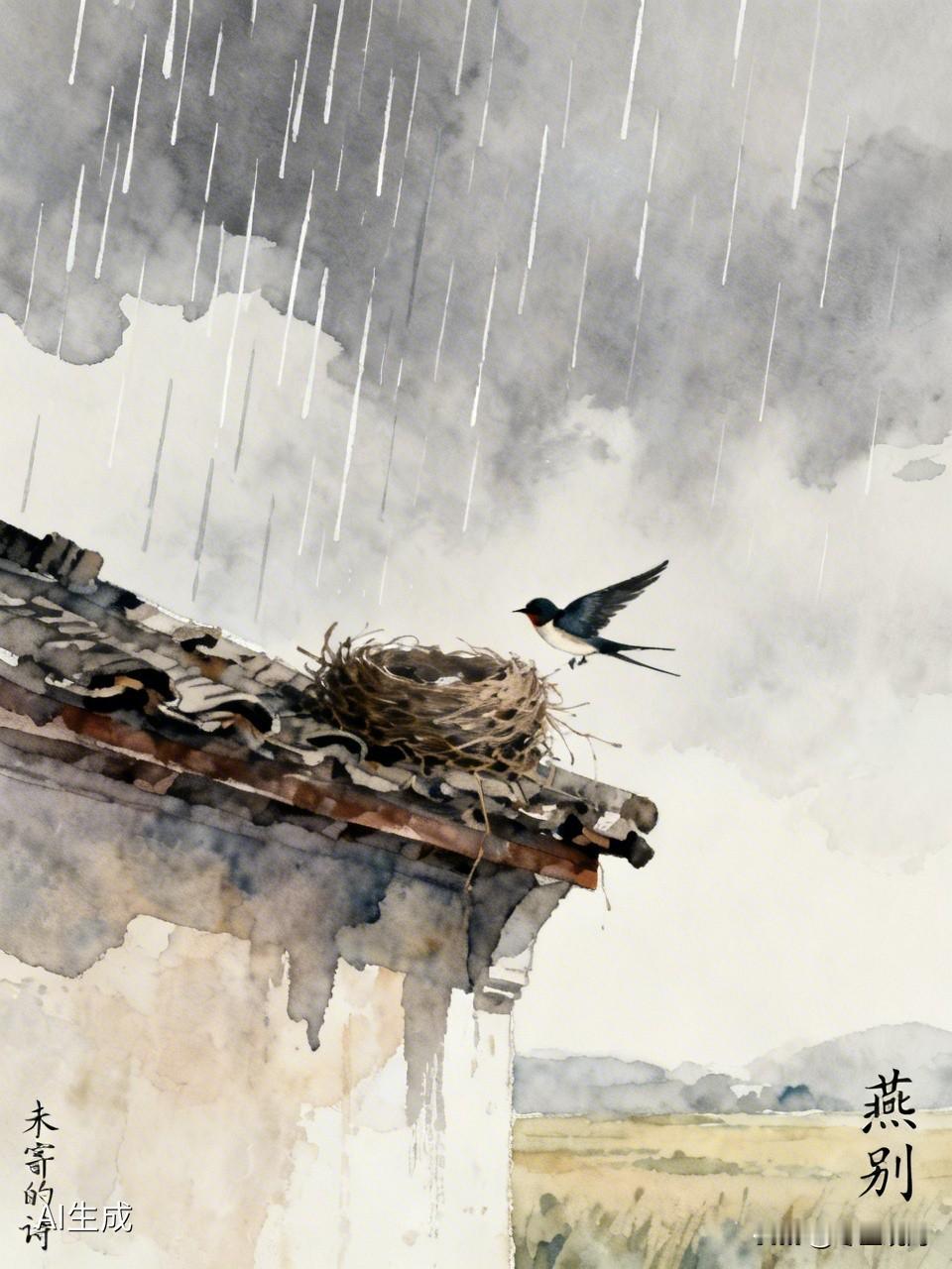 七绝《燕别》 
盘旋旧垒绕空枝，
远送燕归野阔迟。
目断尘烟人不返，
泪和春雨落