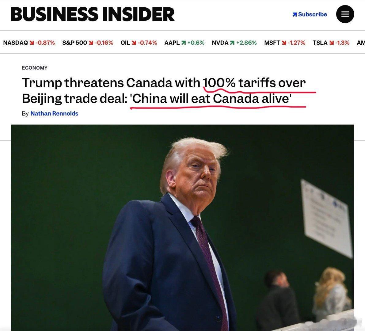 四个月前，加拿大总理卡尼低调访华美国媒体称中国会把加拿大生吞活剥，特朗普威胁加拿