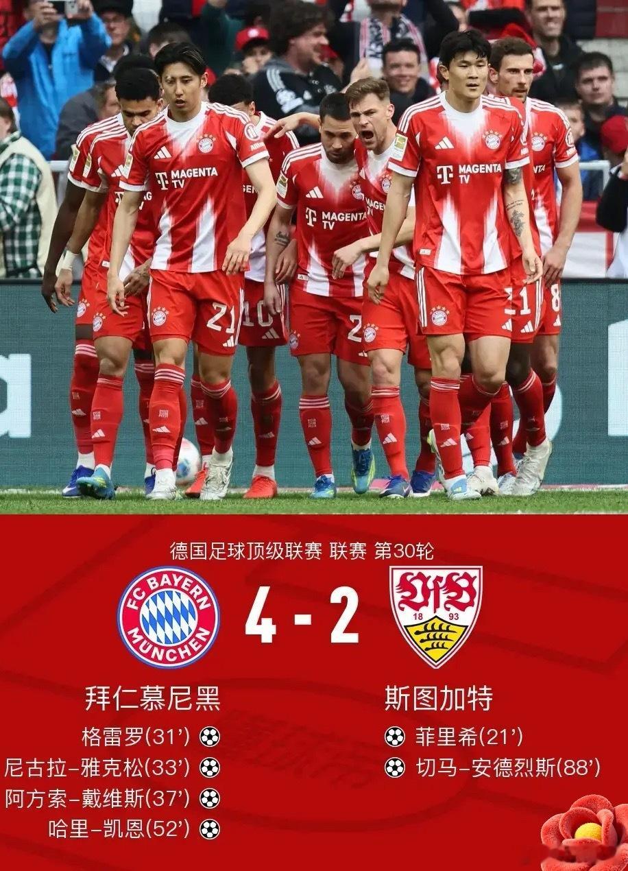 足球 北京时间4月19日德国足球顶级联赛 联赛 第30轮，拜仁慕尼黑主场对阵斯图