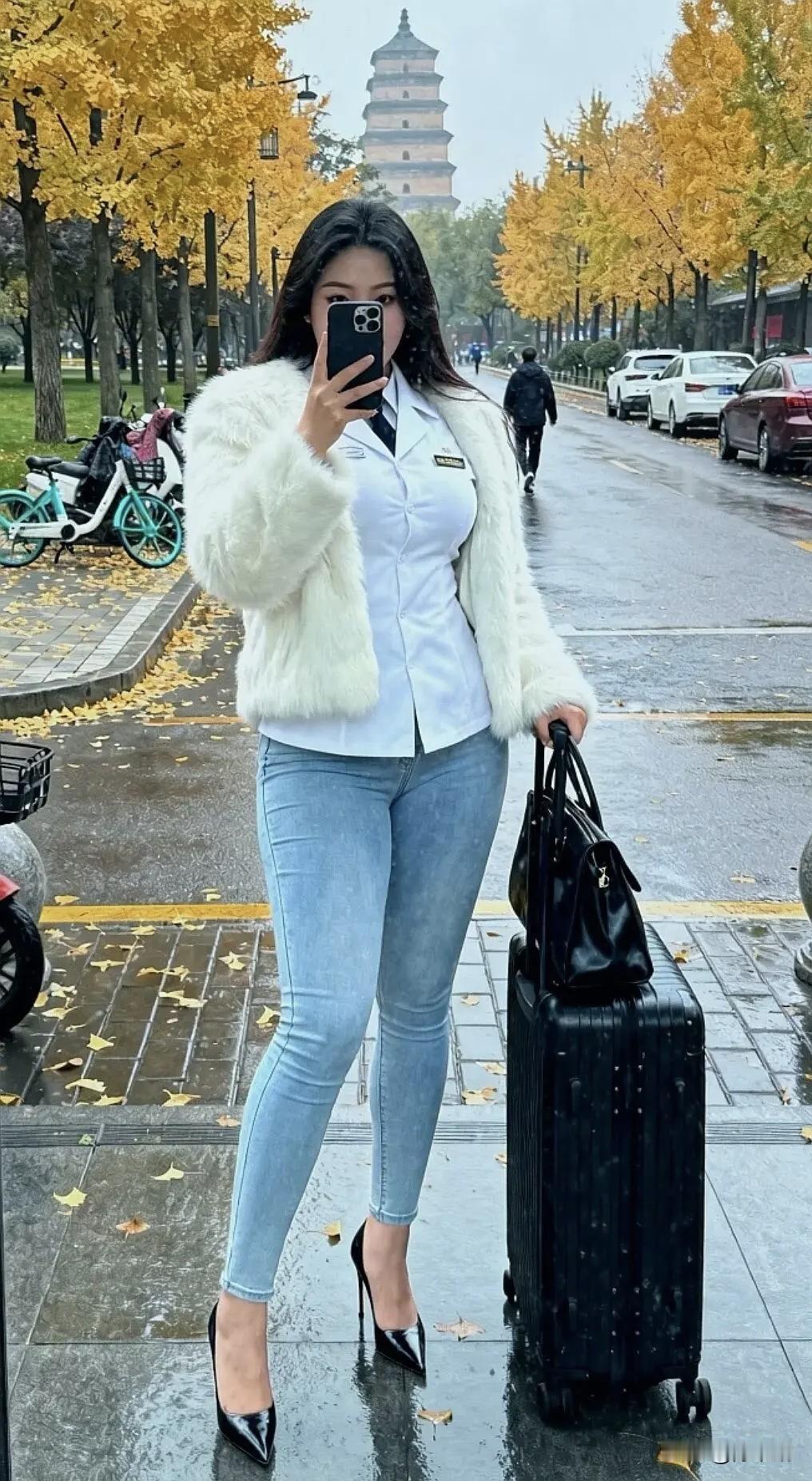 金叶铺街秋意浓，
古塔遥瞻立远空。
步履娉婷携行色，
一身风韵走西东。