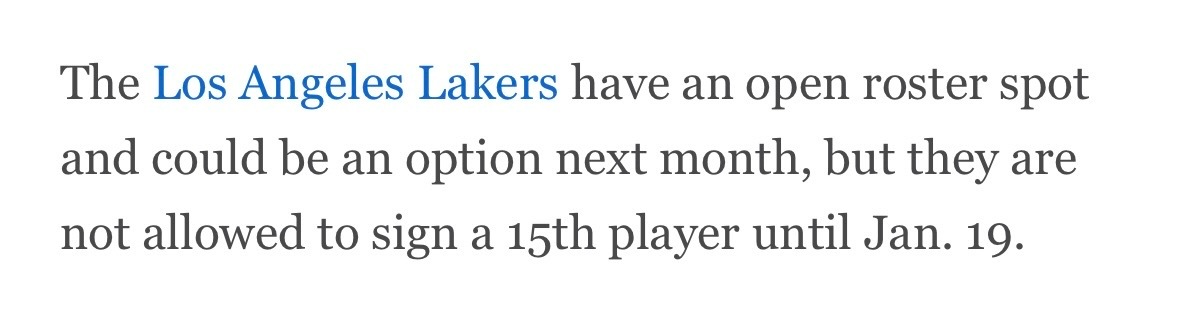 情景假设：湖人队如果要签保罗，要到明年1月19日才能签第15人。 