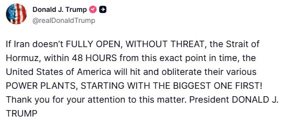 特朗普威胁摧毁伊朗的发电厂。他表示：如果伊朗不在从此刻起48小时内，在没有任何威