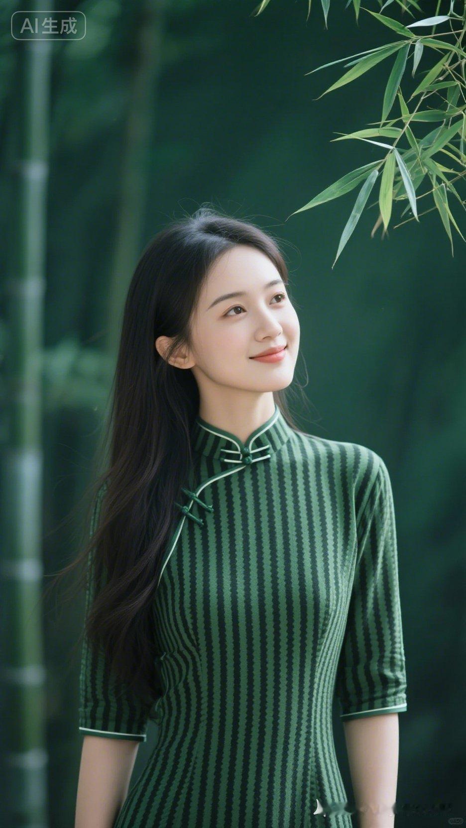 绿意盎然中，优雅旗袍少女，竹林间的一抹清新。