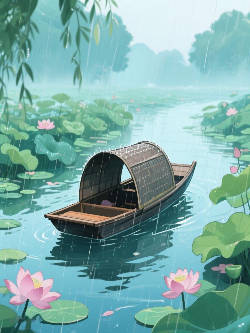 AI妙生图烟雨朦胧里，那艘小船轻漾。荷叶与粉荷相伴，于时光里沉淀着静谧诗意。