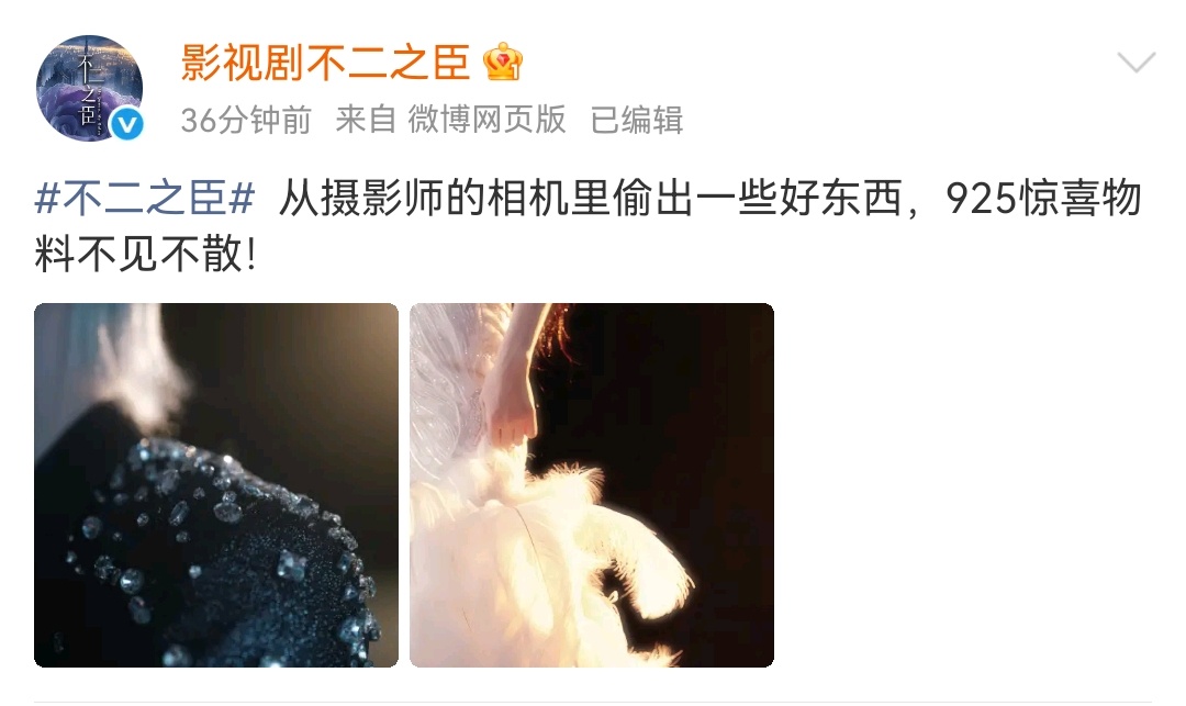 影视剧《不二之臣》官方“偷跑”物料，这应该就是敖瑞鹏和沈羽洁了吧。 不二之臣 ​