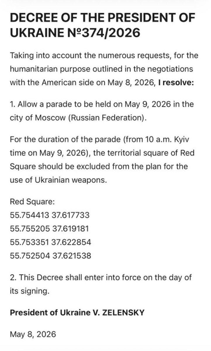 在俄罗斯单方面宣布今天5月9日在莫斯科红场举行胜利日阅兵、不发动空袭之后，泽连斯