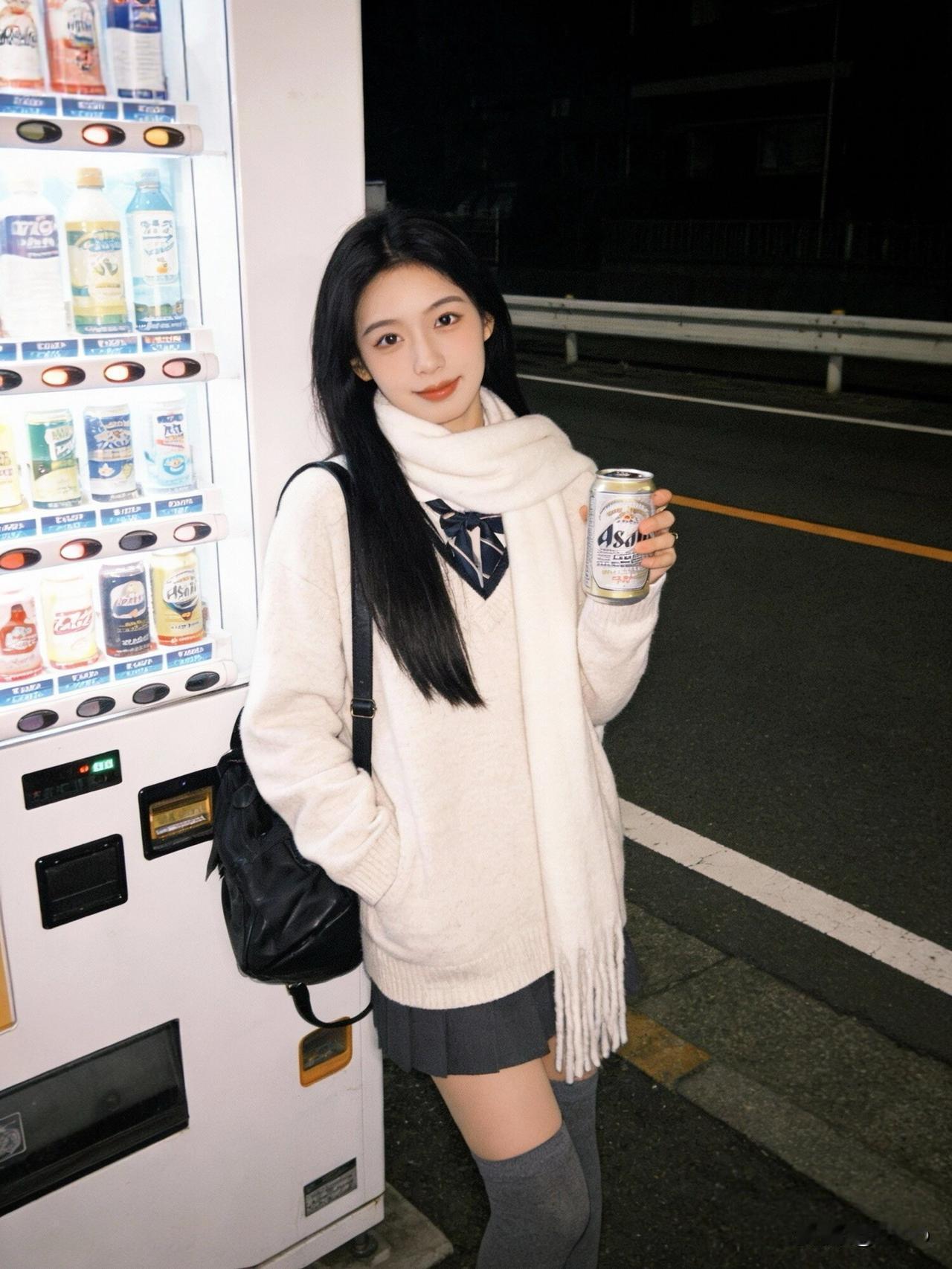 夜晚的街角，少女手捧Asahi，温暖而甜美。