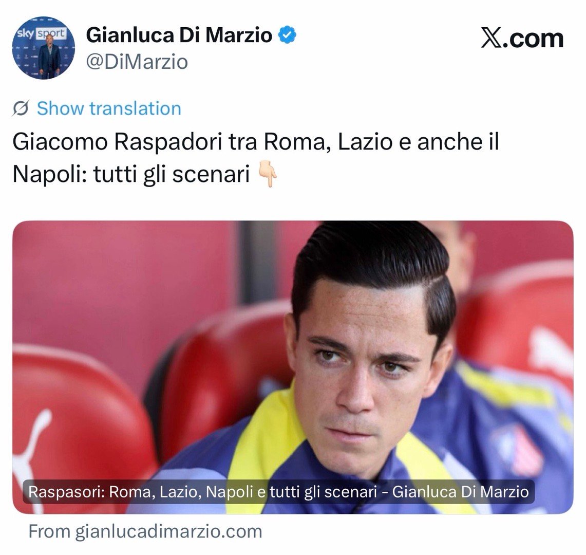 迪马济奥再次更新拉斯帕多里的情况：虽然罗马与马竞达成了协议（租借+可选买断为基础