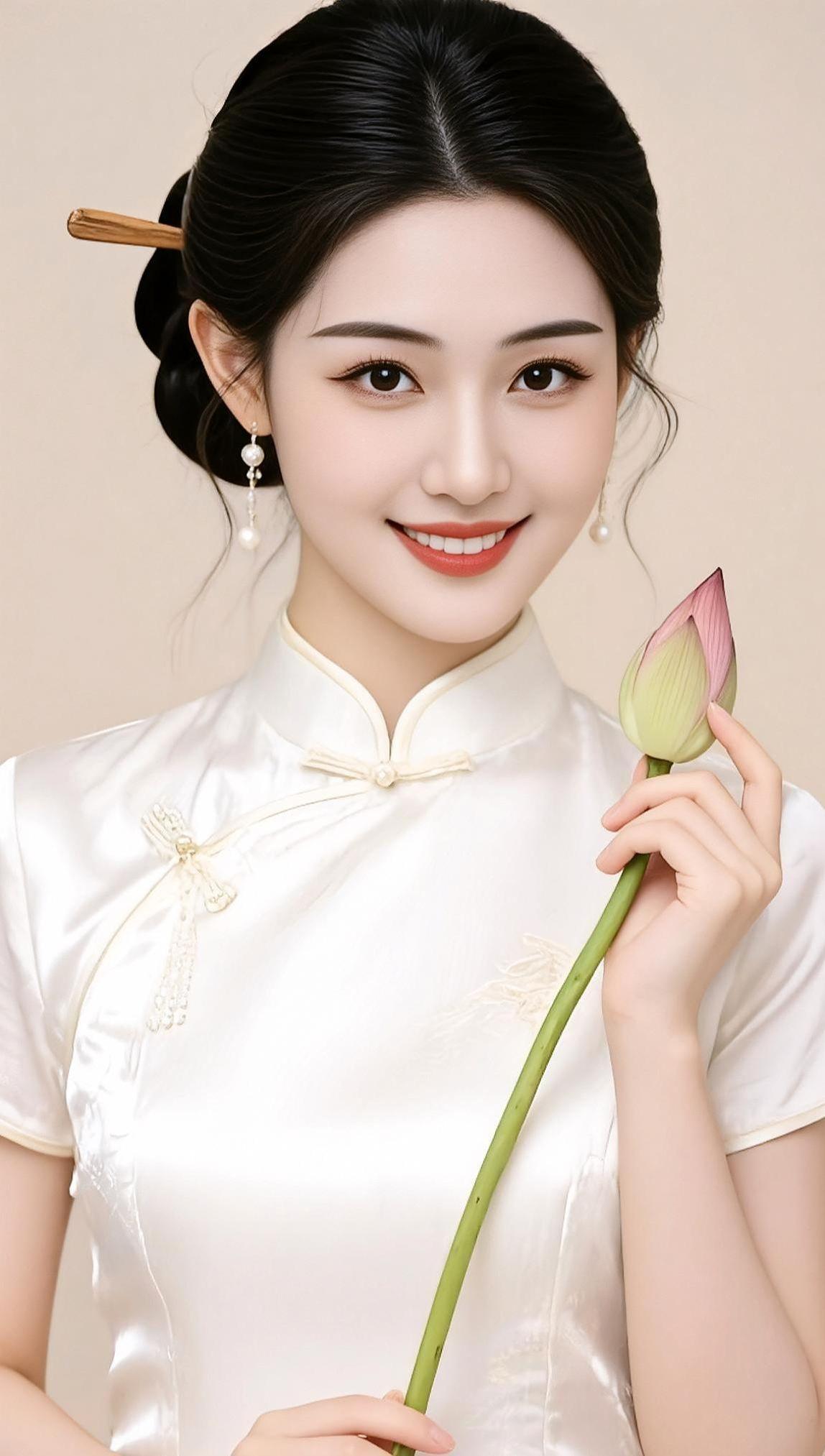 AI旗袍持莲照 抖音ai创作