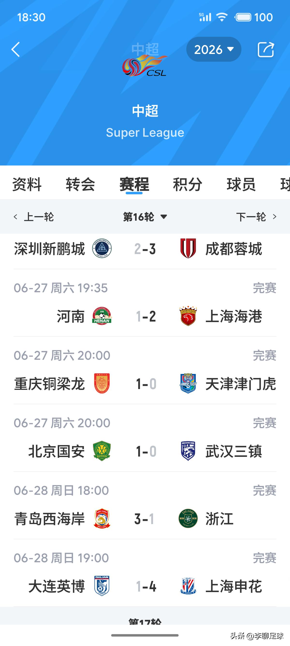 随着今晚的剩下的三场中超联赛全部结束！本轮最大的发现就是传统豪门球队全部都赢球了