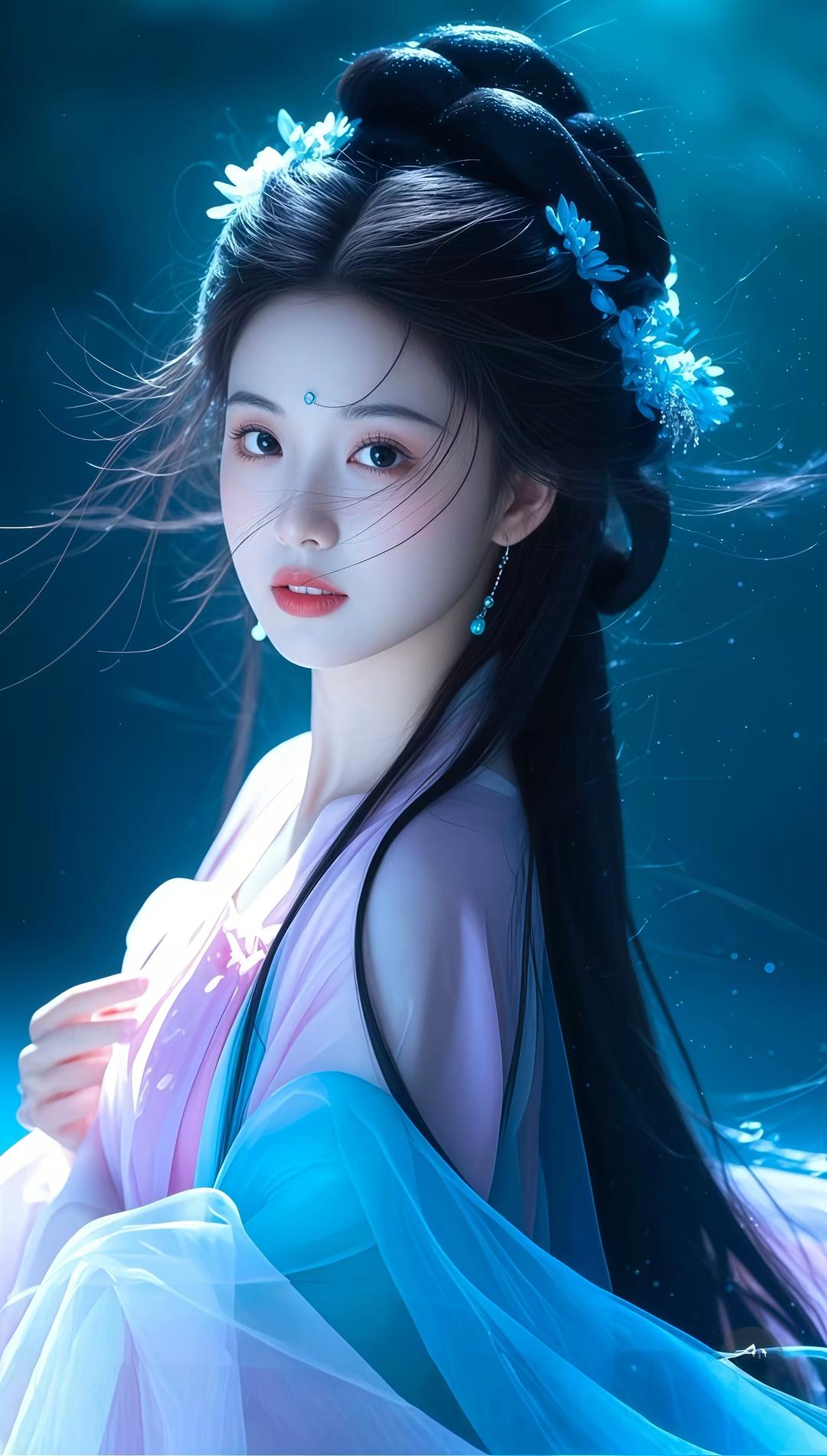 这组图片展现了一位身着古风服饰的女性，整体风格唯美梦幻，充满仙气。她穿着飘逸的汉