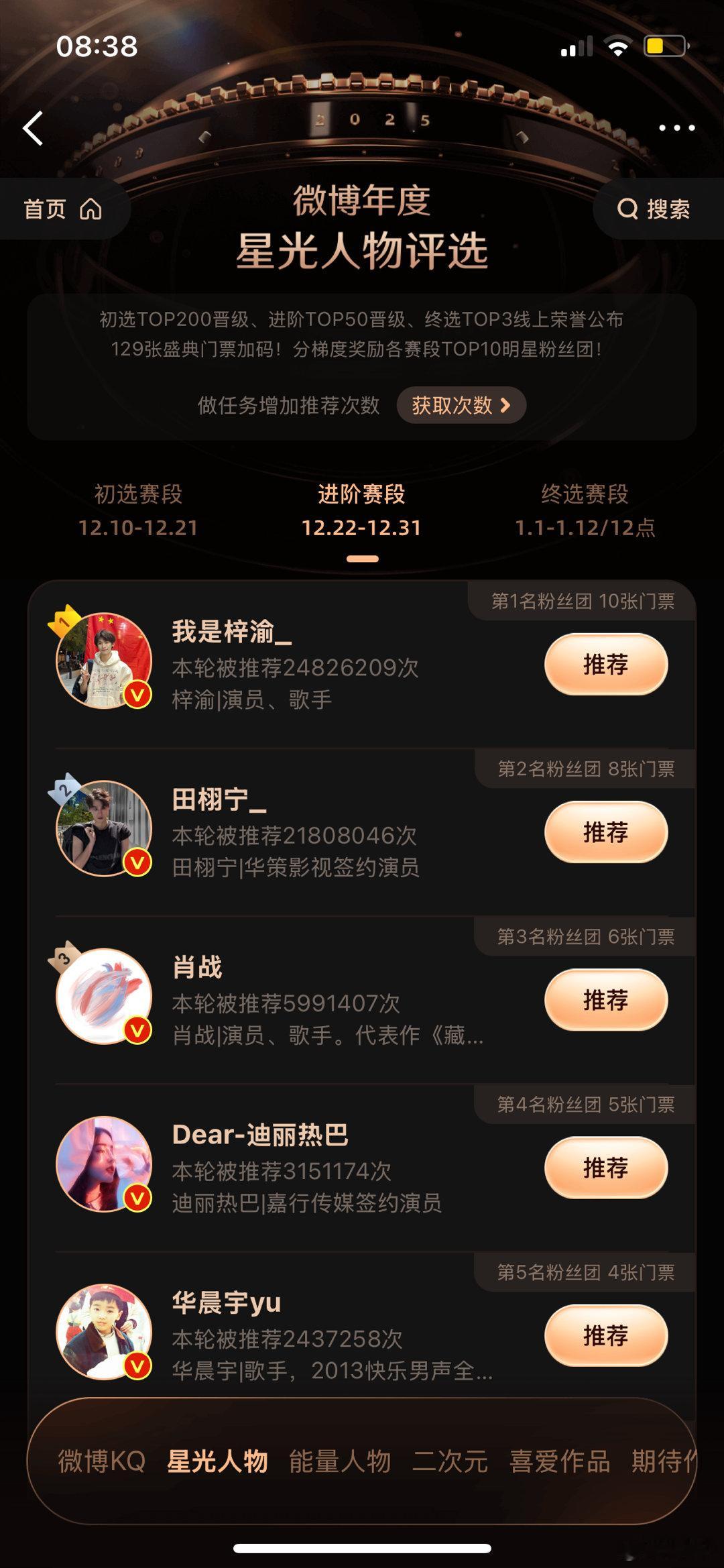 微博之夜投票内娱年末狂欢杀疯了！进阶赛段票数重置后竞争更白热化，肖战冲击三封Ki