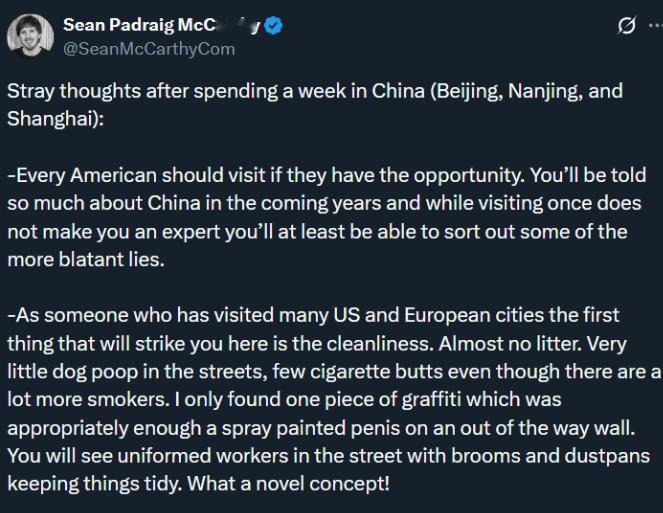 美国左派博主肖恩·麦卡锡访华一周，感受颇多。回国后撰写长文感叹：“如果有机会，每