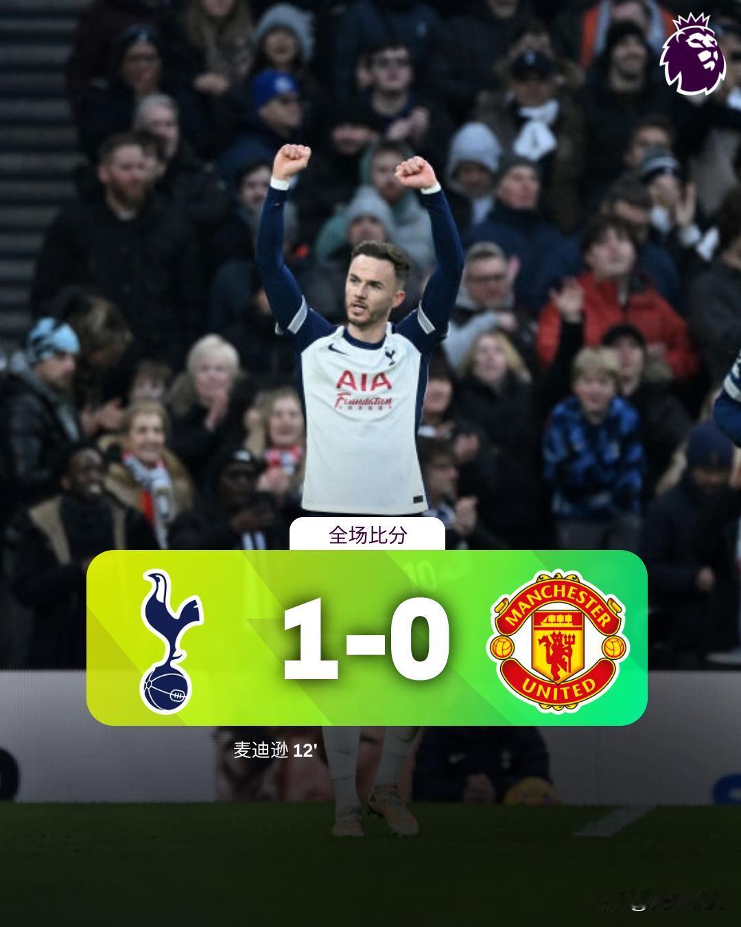 全场比分 | 热刺 1-0 曼联

⚽第12分钟，贝里瓦尔禁区内拿球抽射被扑出，