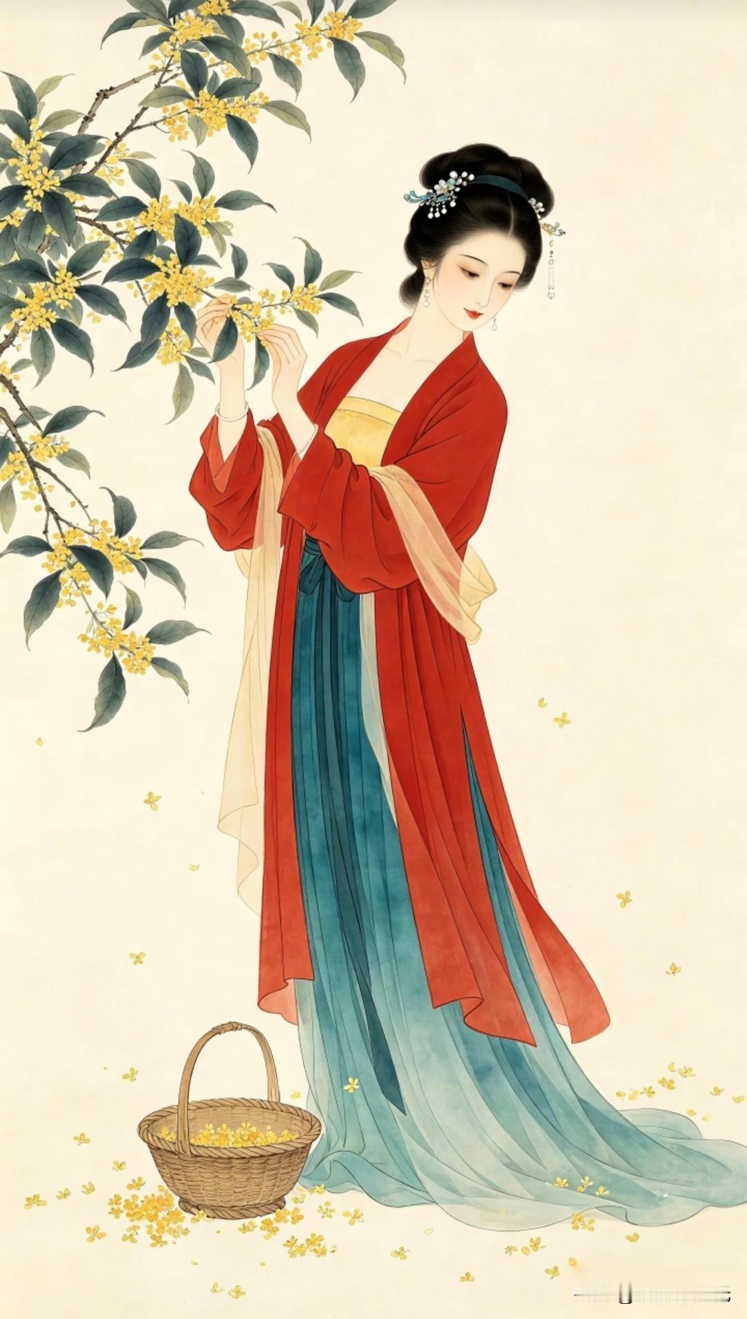 工笔仕女·折桂图
 
金桂满枝，落英簌簌。画中仕女衣袂轻扬，于桂树下拾撷芬芳，竹
