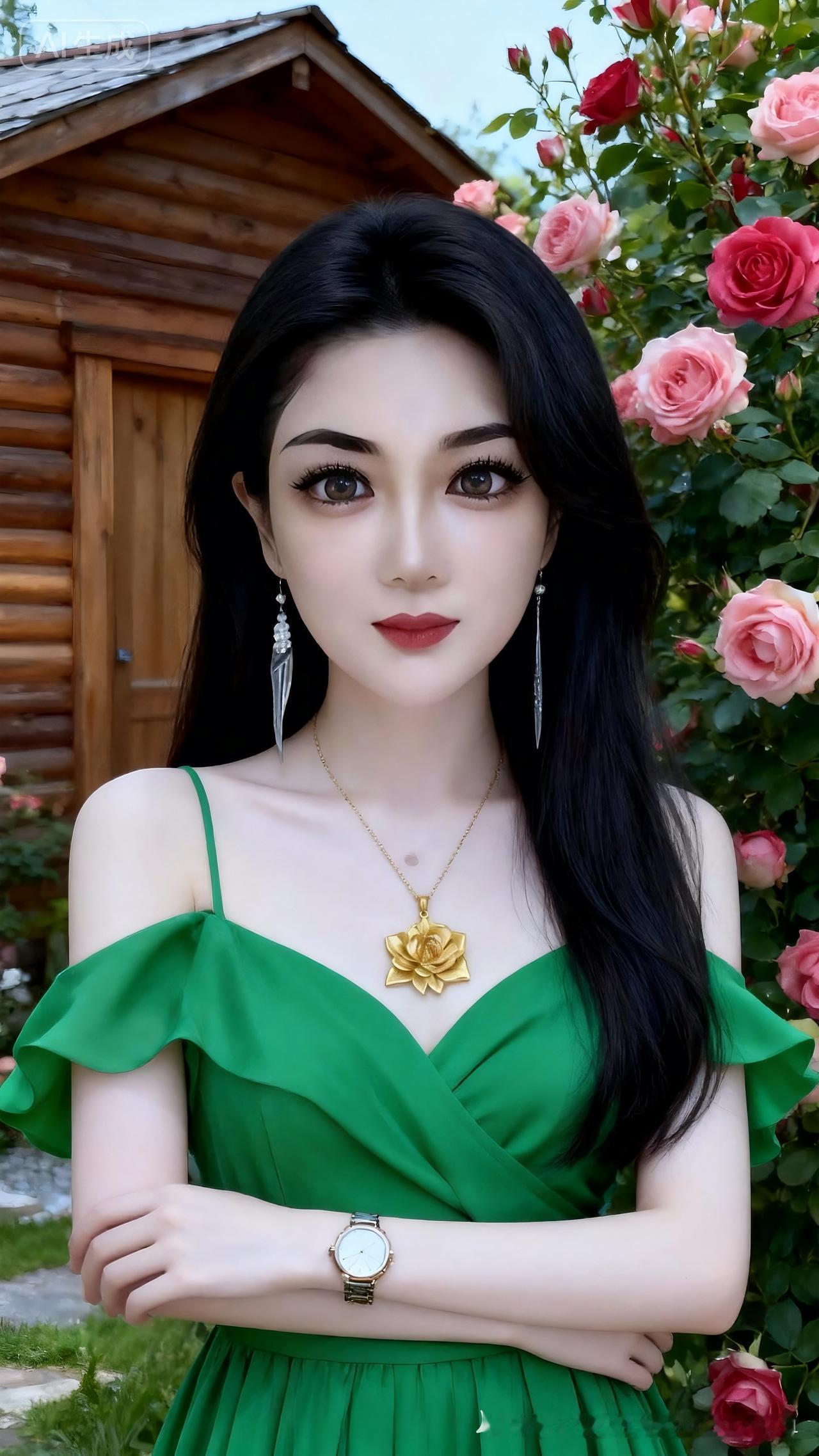 十九岁少女，乌黑顺直长发，大眼双皮纤长睫毛，冷白细腻肌肤，妆容精致。耳饰腕间腕表