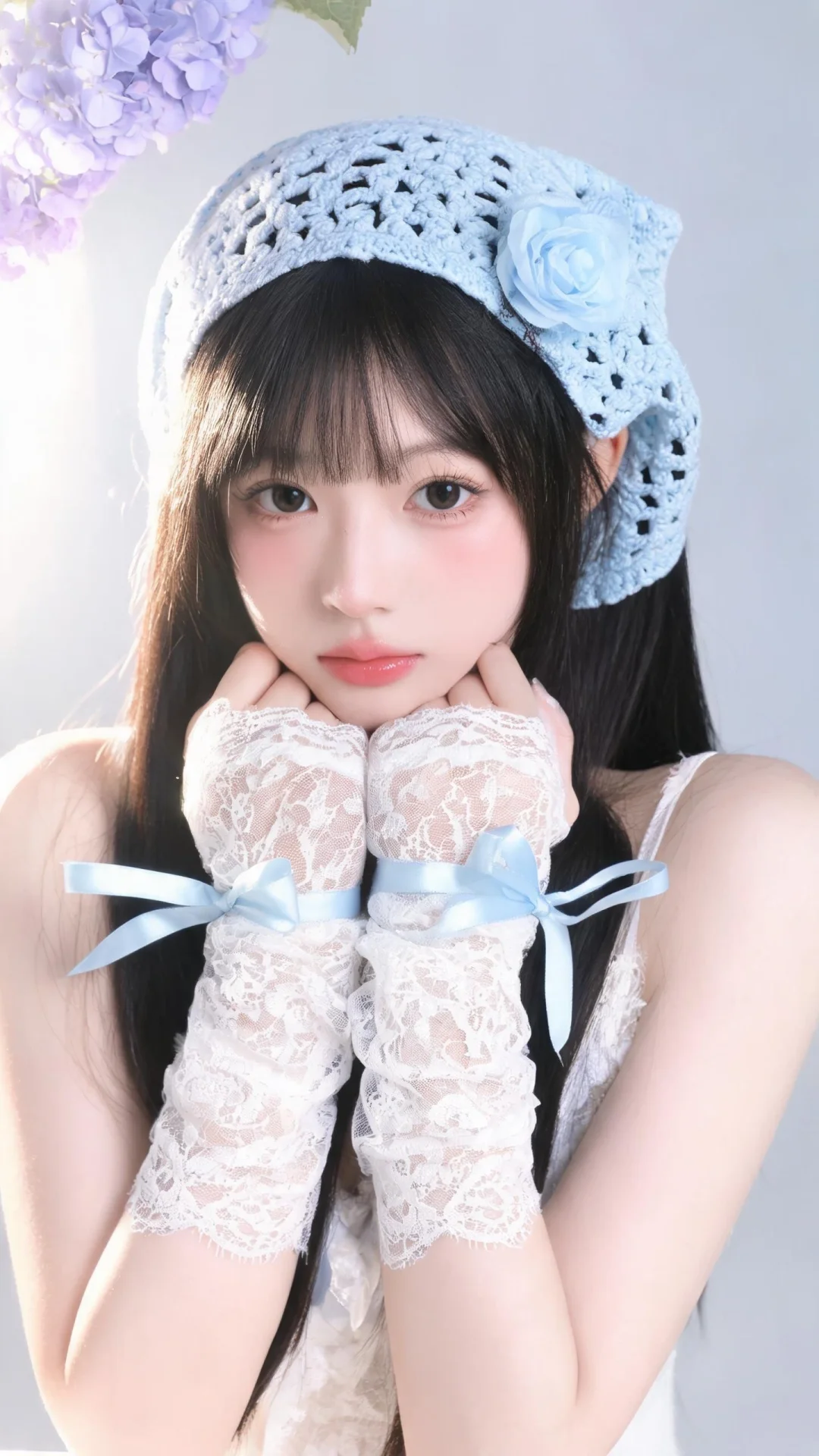 1. 人物：温柔韩系少女，黑长直发，浅粉腮红淡红唇，双手轻抵下颌；浅蓝...