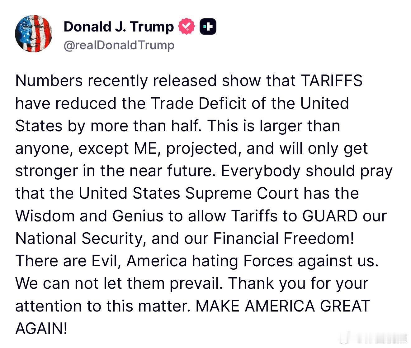 特朗普总统12日16日：最近公布的数据显示，关税已经使美国的贸易逆差减少了一半以