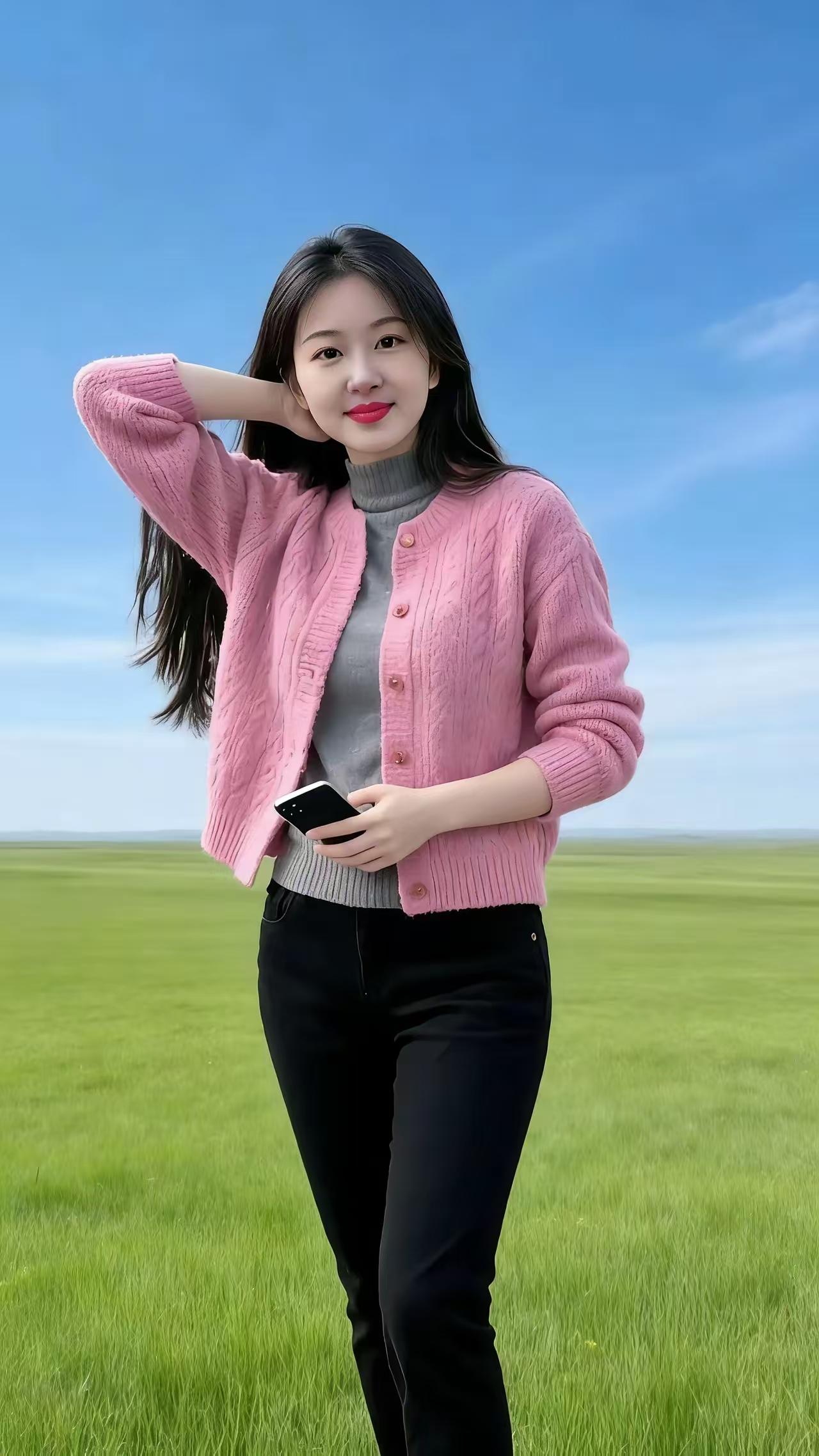 四块玉·草原丽影
草色茵，云光润，
粉衫佳人映芳春。
嫣然浅笑花含韵。
气质纯，