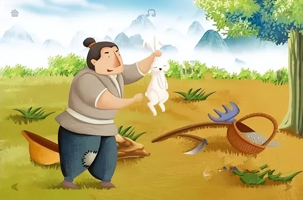 春日的田野里
农夫阿牛正挥汗锄地
忽然“咚”的一声闷响，一只肥硕的灰兔直直撞在田