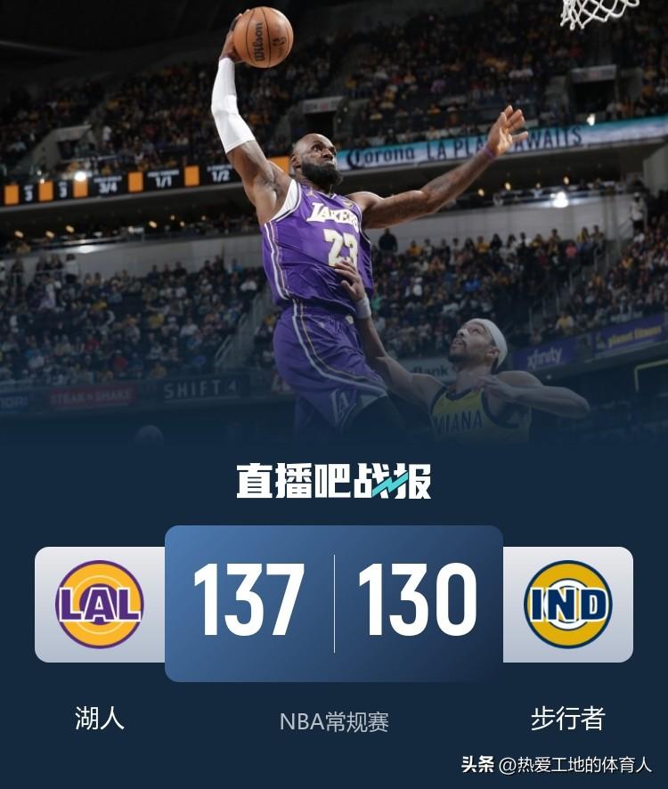 NBA常规赛继续进行
湖人客场137:130力克步行者取胜
湖人全队仅4人得分上