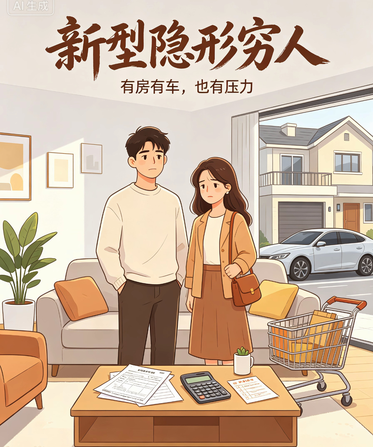 刷到个很有意思的现象：现在有一种新型“隐形穷人”。看着家里有房有车，外表光鲜体面