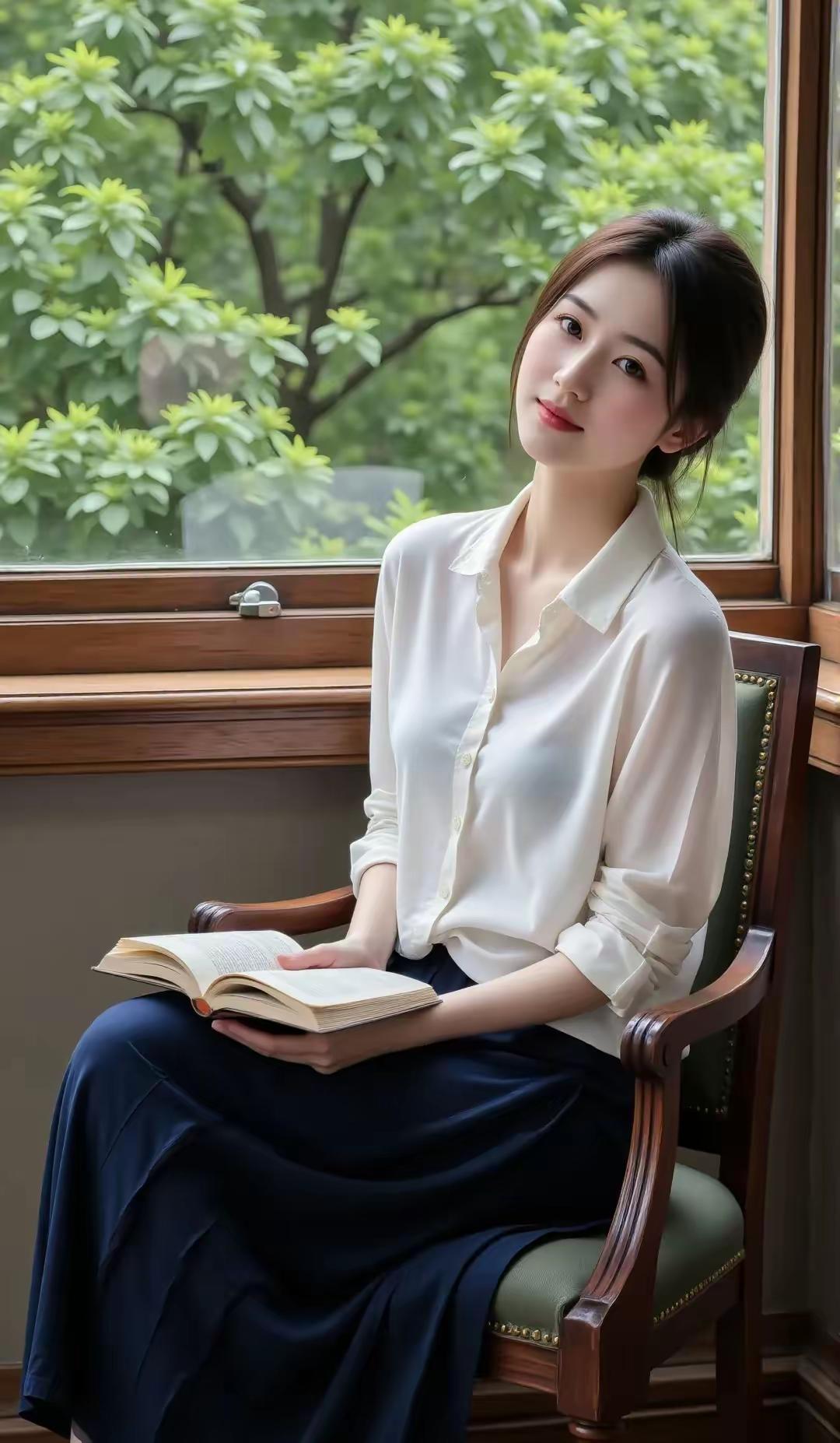 窗边阅读时光，静享书香与自然之美。📖🌿