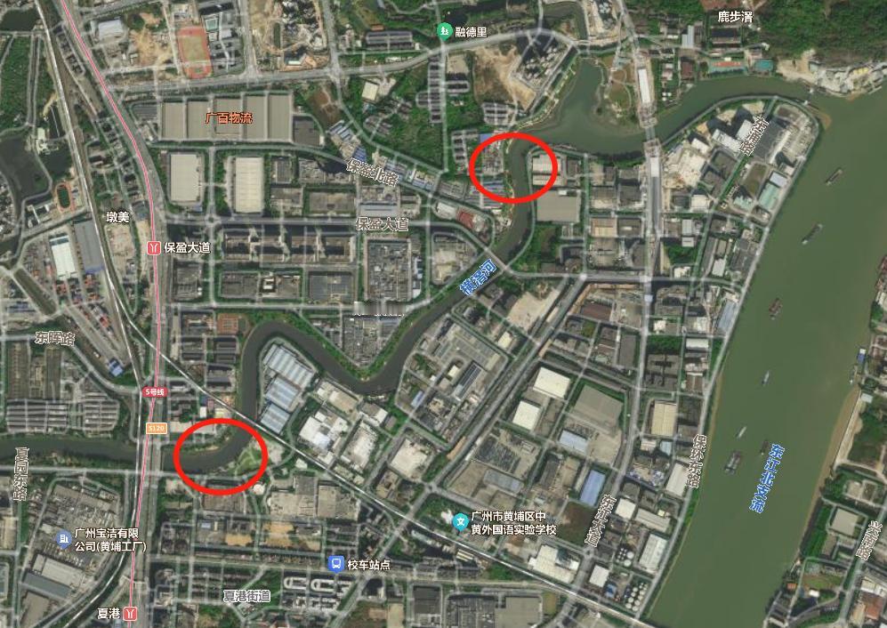 黄埔横滘河将建两座跨河人行桥，大概位置如图所示。
其中新建体育中心人行桥位于开发