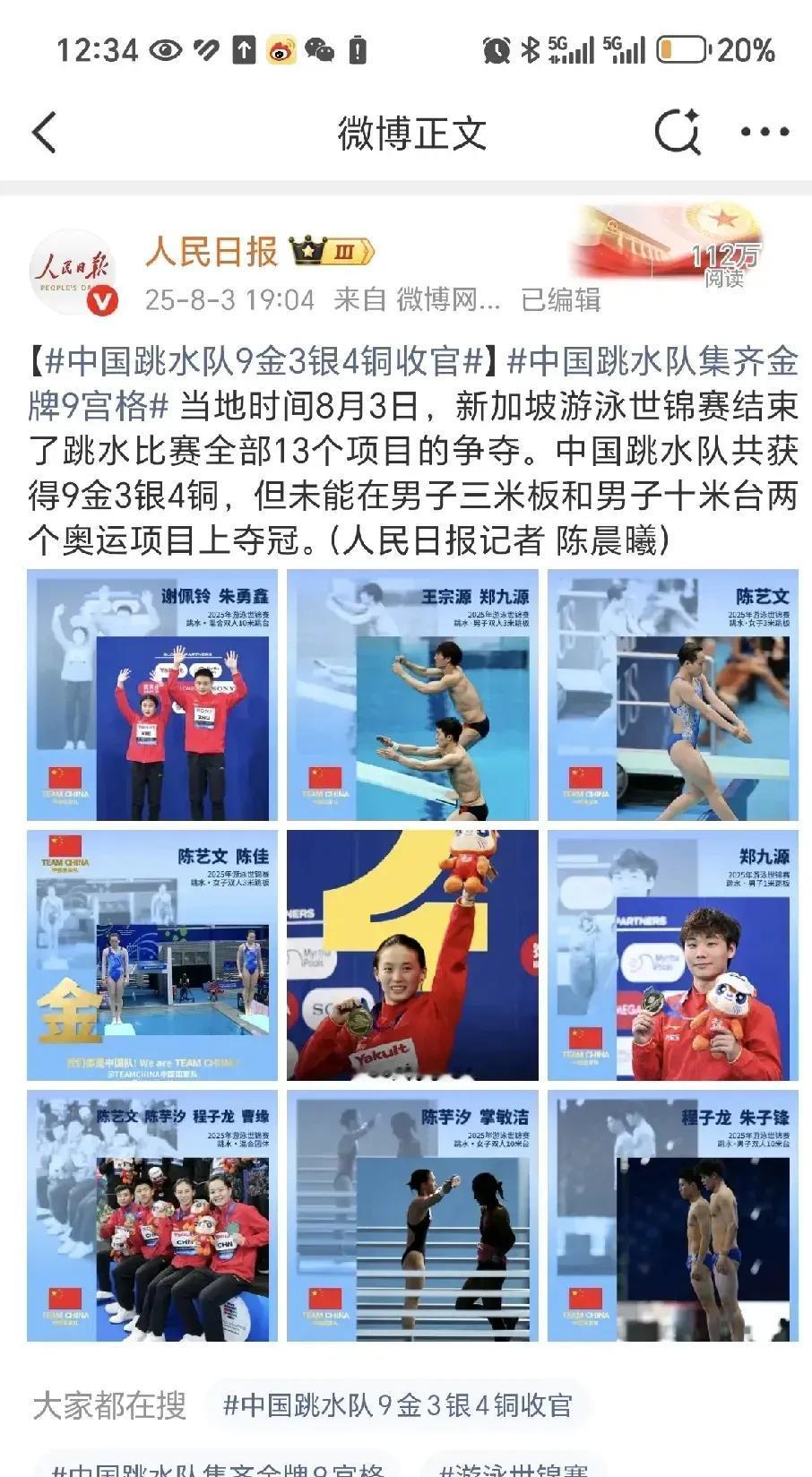 人民日报专版报道中国跳水队，新加坡世锦赛的成绩，9金，3银，4铜，男子三米板，十