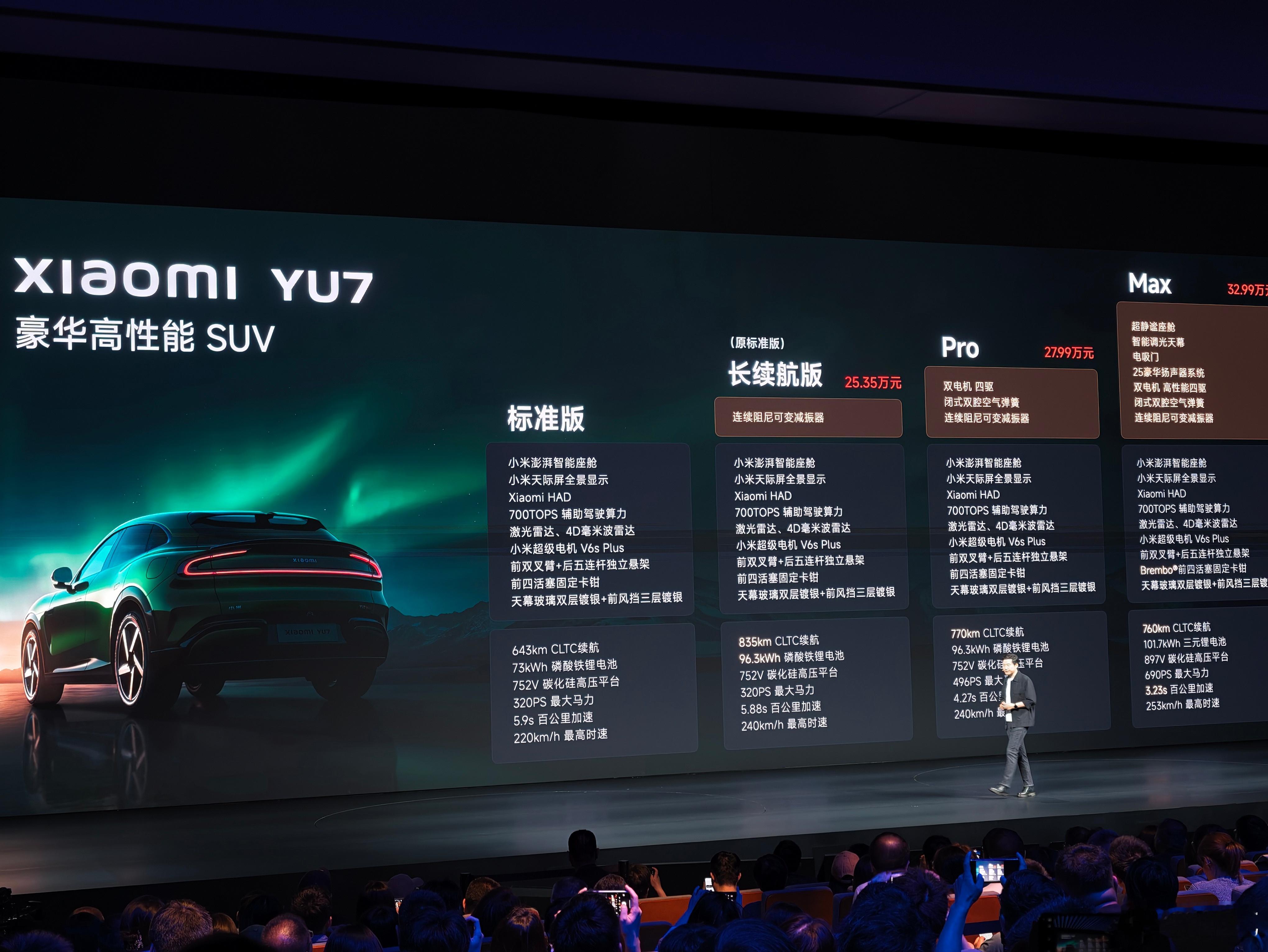 小米YU7标准版电池73度，CLTC续航643km，采用752v平台，其实和之前
