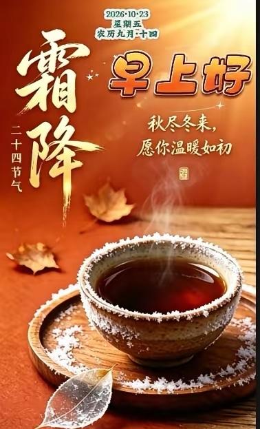 霜降早安｜秋尽冬来，愿你温暖如初
 
☀️今日霜降，秋意落幕，寒气渐生。
一叶落