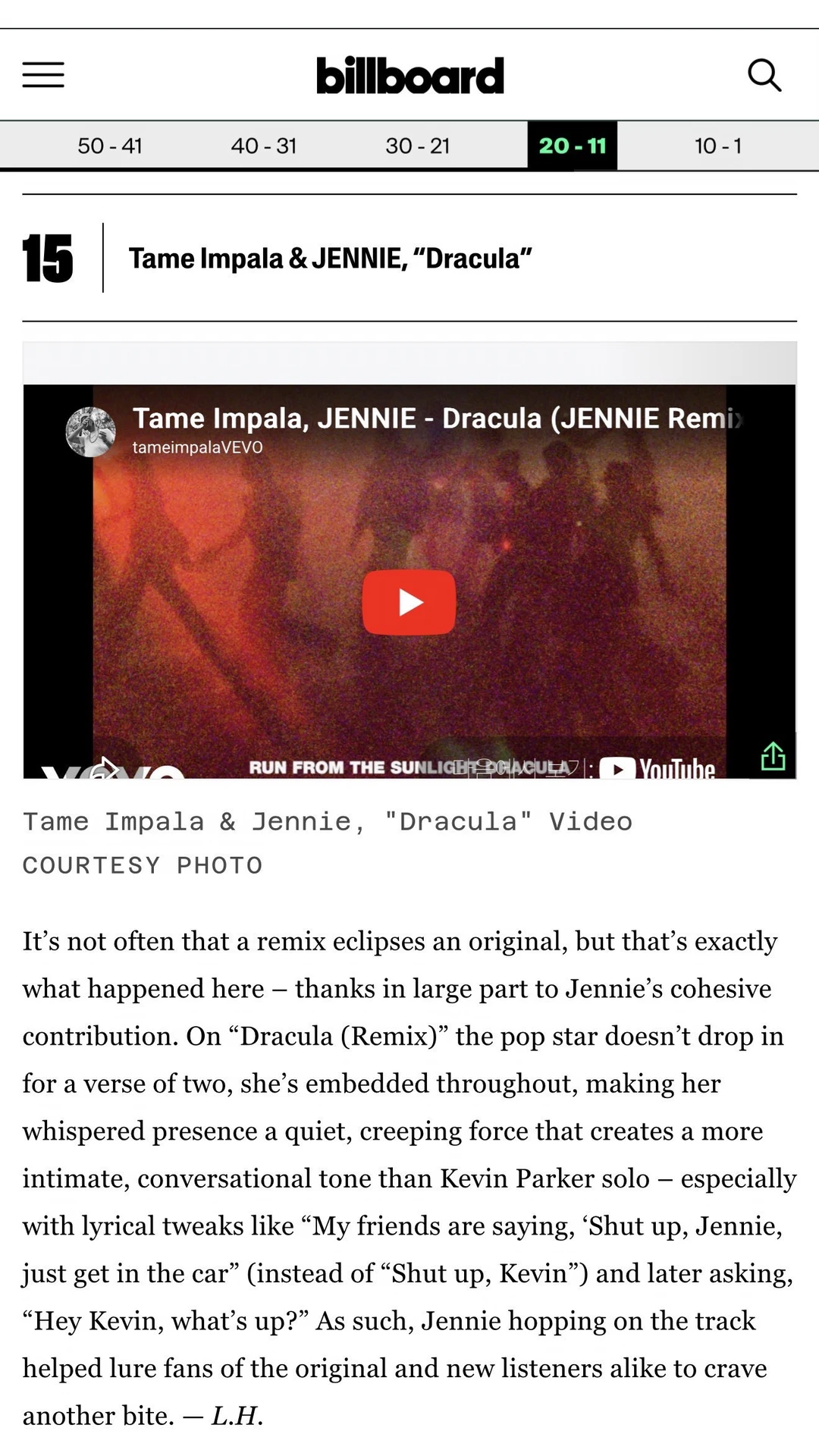 Billboard盛赞：JENNIE版Dracula超越原版🔥