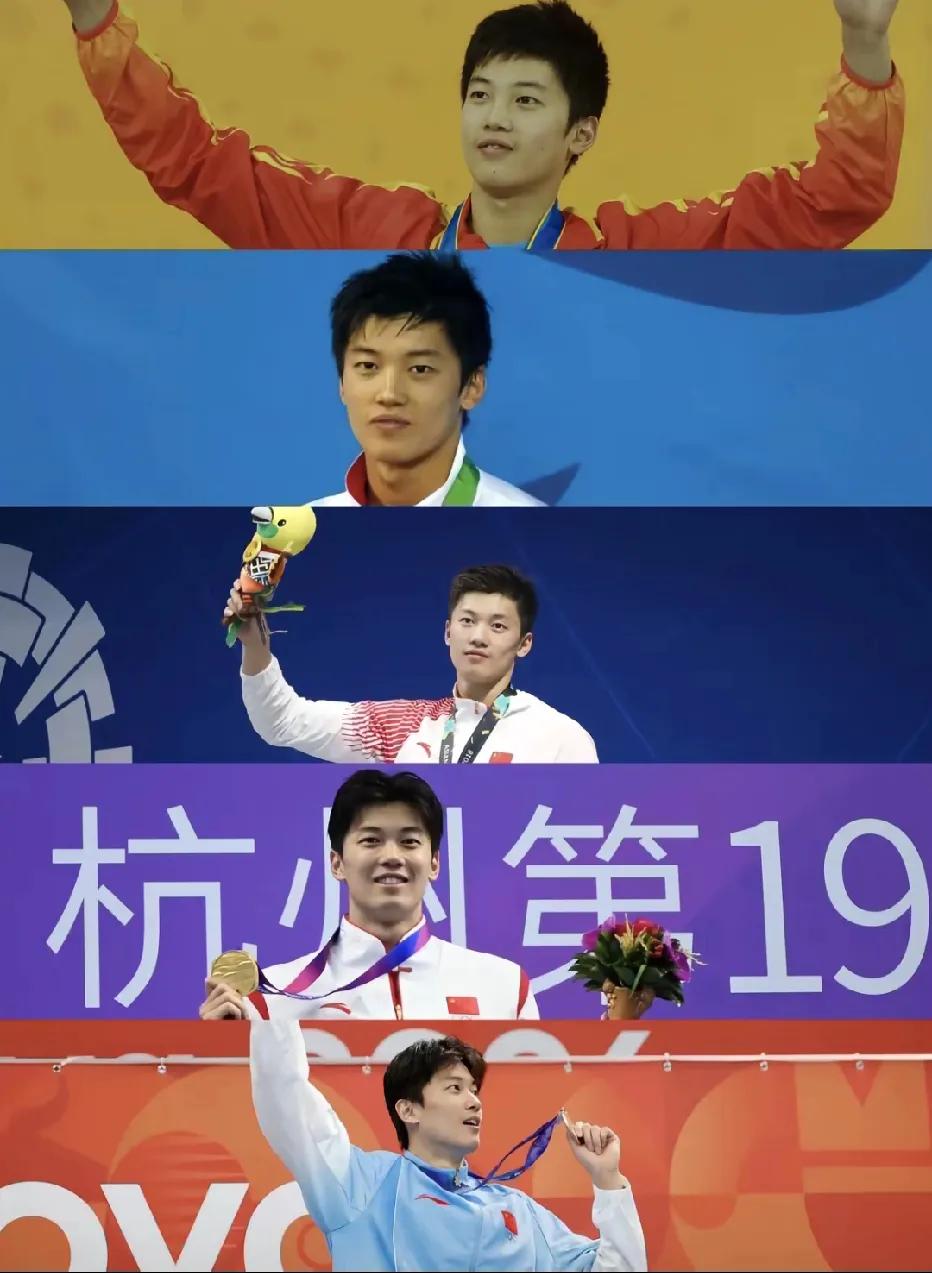 汪顺参加的五届亚运会组图，从16岁青春懵懂的年纪，到如今32岁的成熟稳健，一路走