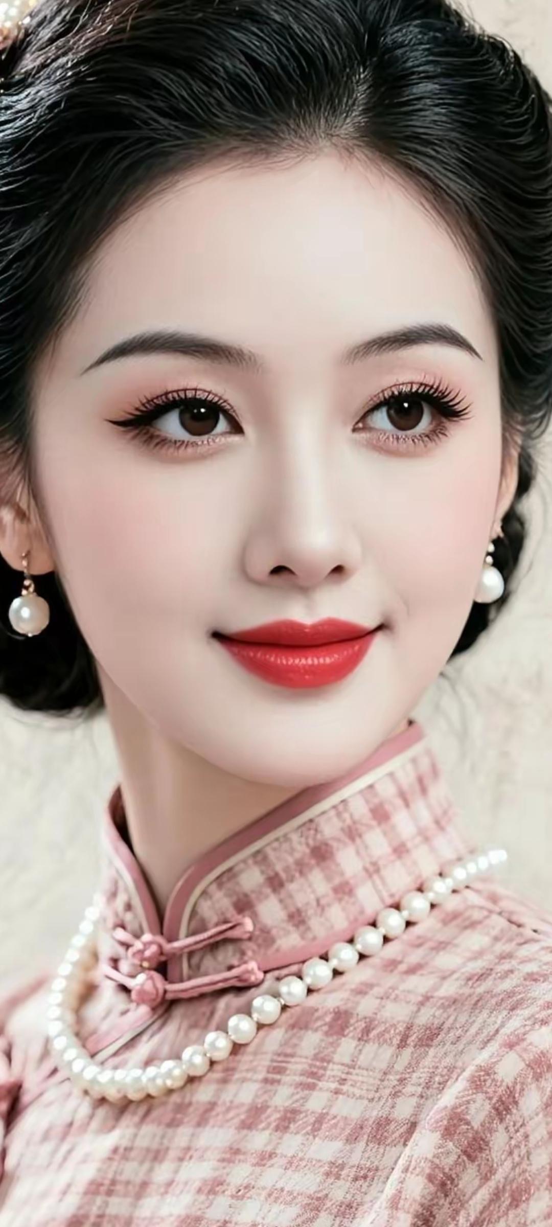 优雅复古风，珍珠项链与旗袍的完美搭配，尽显东方韵味。