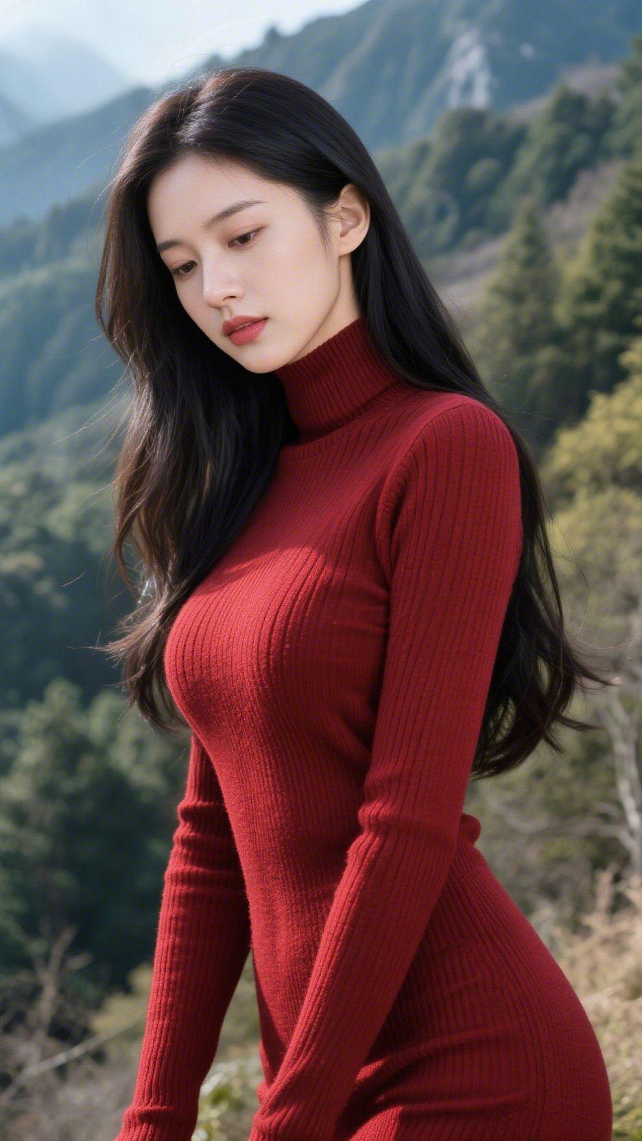 《山风裹红绒》
 
山雾初褪，风携着松枝的清寒，掠过她垂落的发梢。酒红色针织衫浸