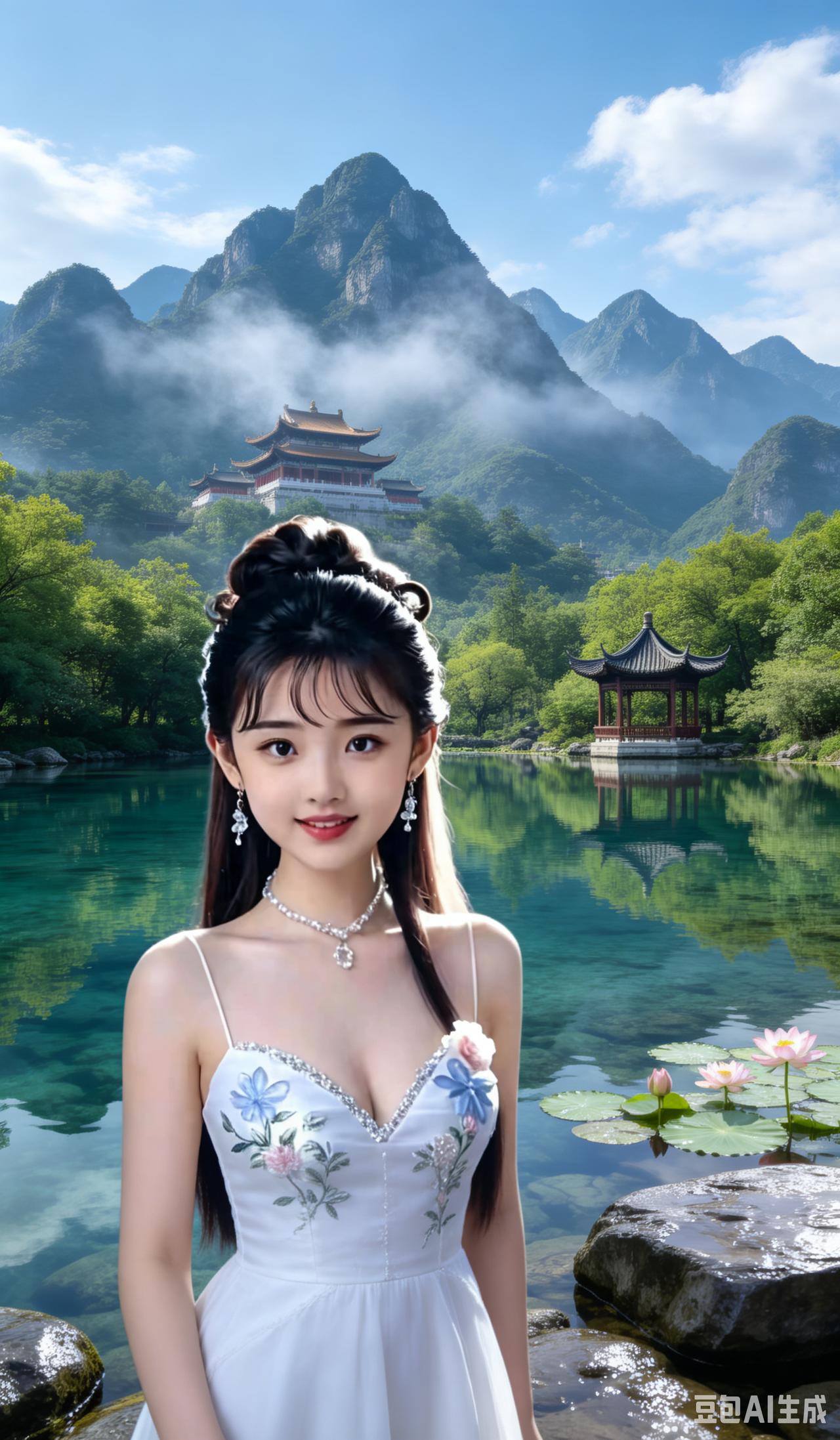 远处连绵不断的山峰，山上禅院楼阁烟雾缭绕，浅蓝色的天空，少许白云，一潭青清澈见底