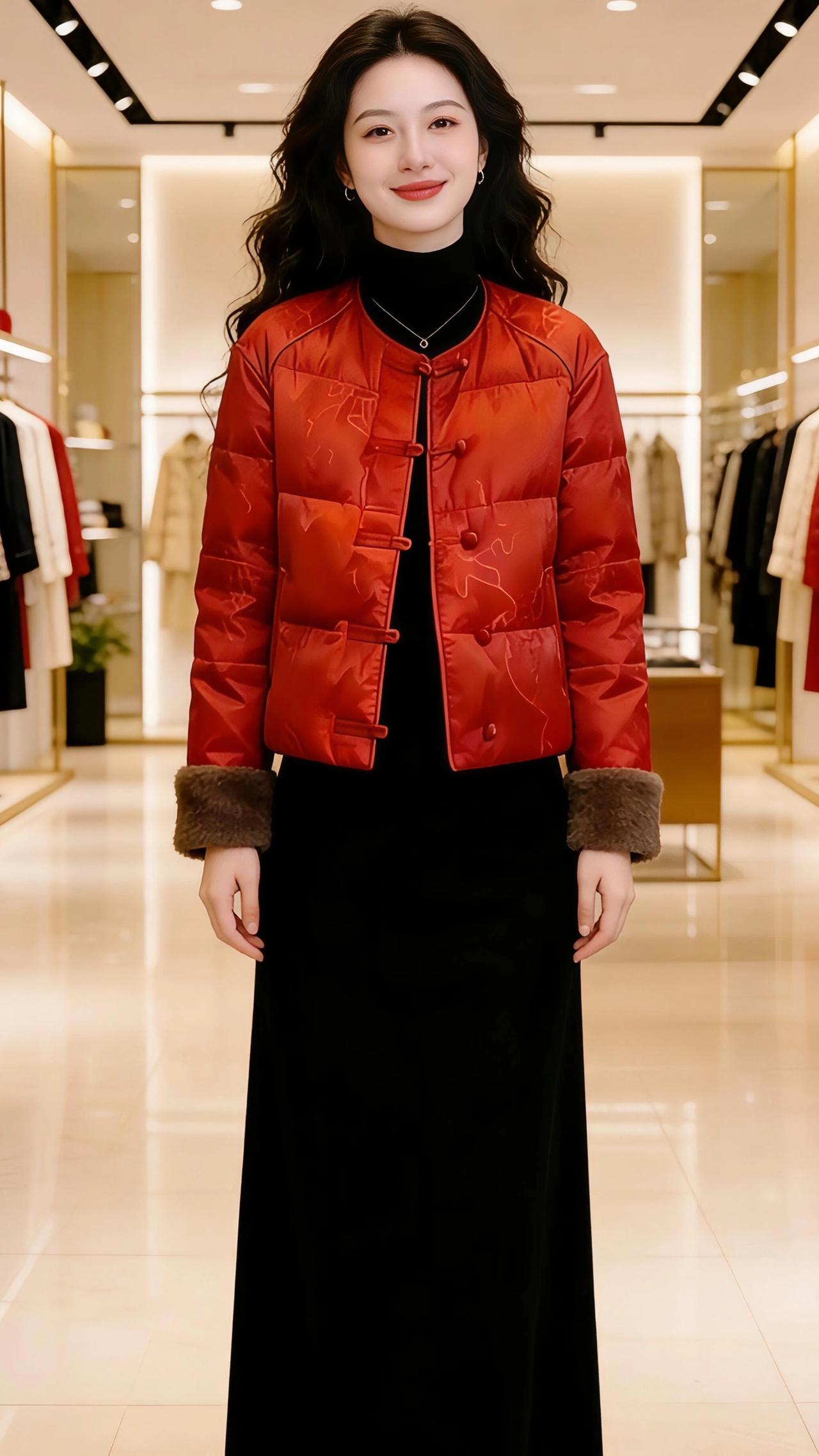 红袄映年
 
鎏金线条勾勒的衣廊里，暖光漫过光洁的大理石地面，将那抹正红揉得温润