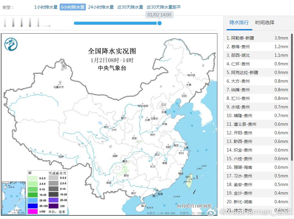 【干燥】今天08-14时，我国的降水依然稀少。降雨主要在贵州，降雪主要在新疆北部