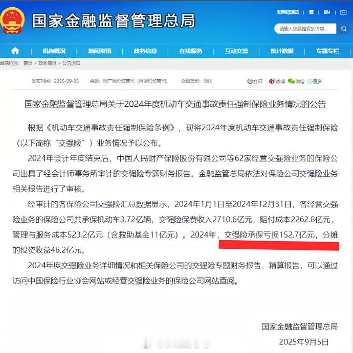 2024年，交强险承保亏损152.7亿元 ​​​？现在的司机的开车技术这么差吗？